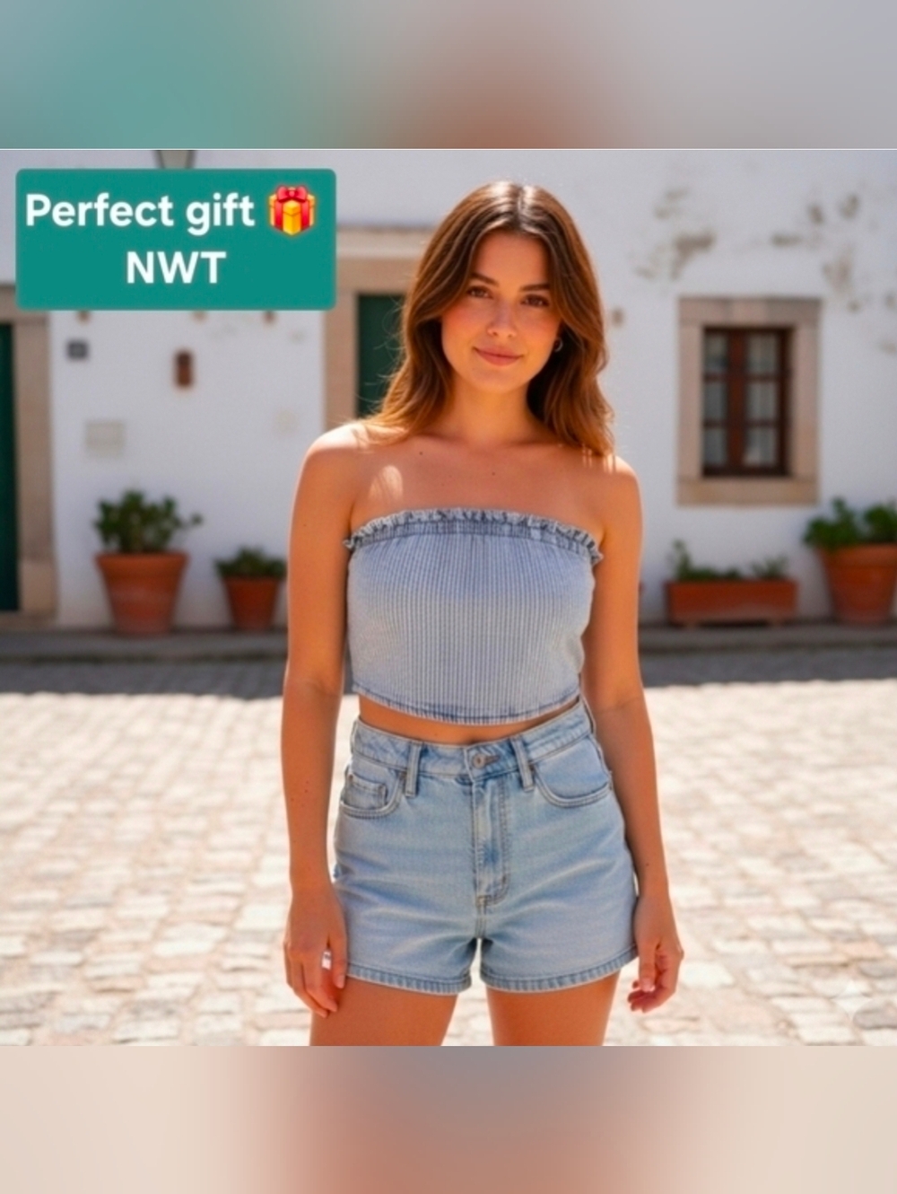 Milk Blues Striped Denim Bustier Crop Top - NWT